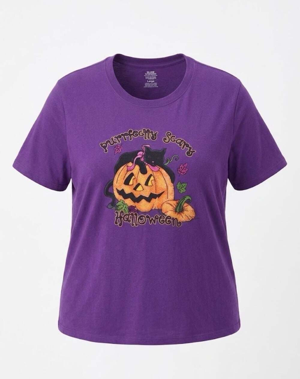 Purrfectly Scary Halloween Purple Short Sleeve Graphic T-Shirt 2X